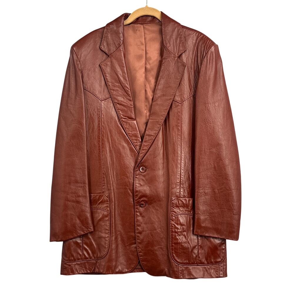 VTG Miller Western Leather Blazer Jacket Brown 42 Ranch Cowboy Classic Coat 70s